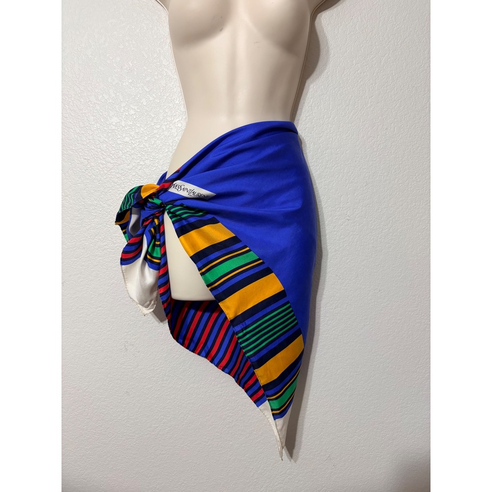 Vintage Yves Saint Laurent Silk Scarf Blue Striped Geometric Square 34in